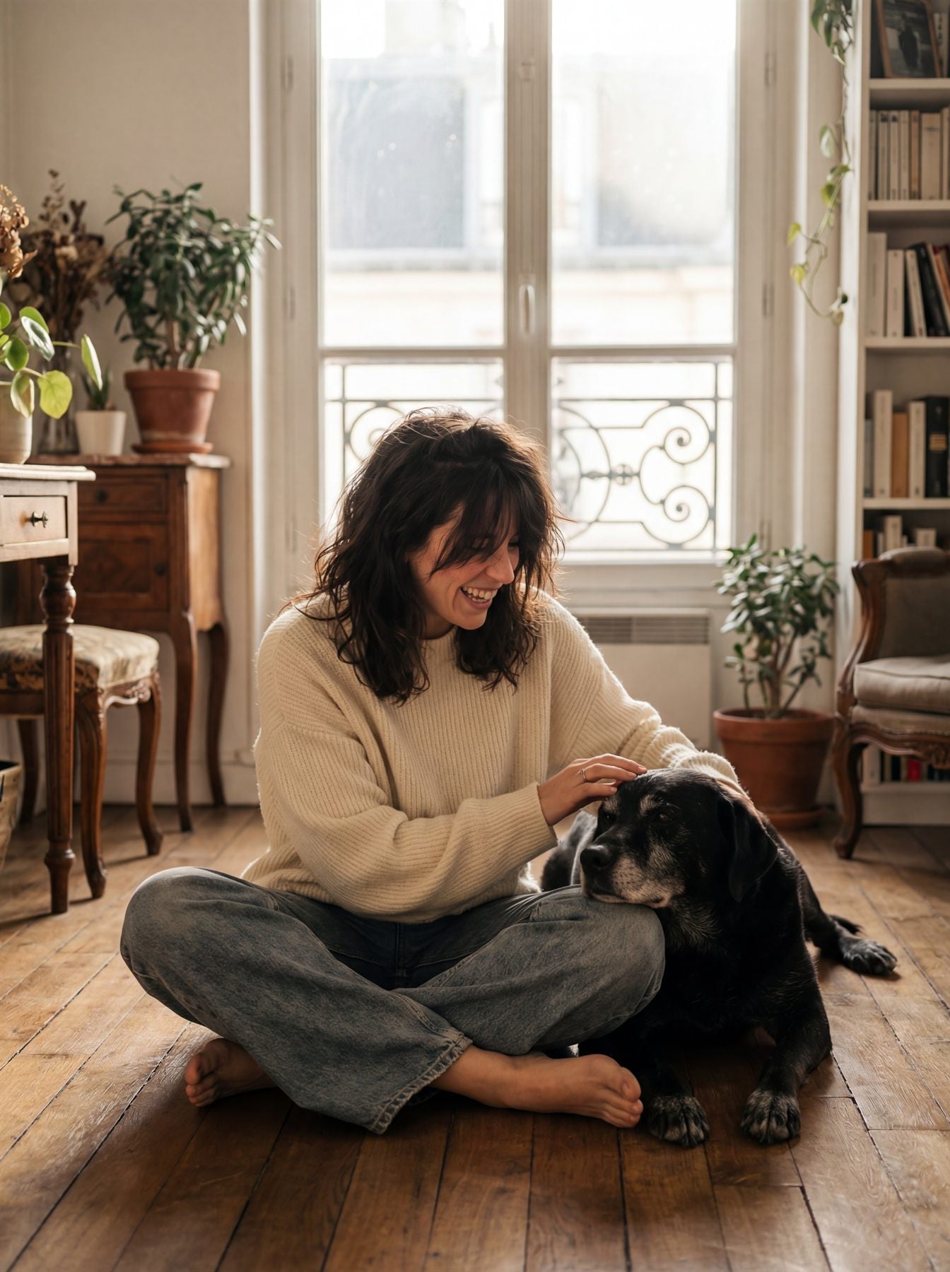 Marine Sabatier, co-fondatrice de CrocFidèle, avec Nala, son labrador de 13 ans, dans leur appartement parisien